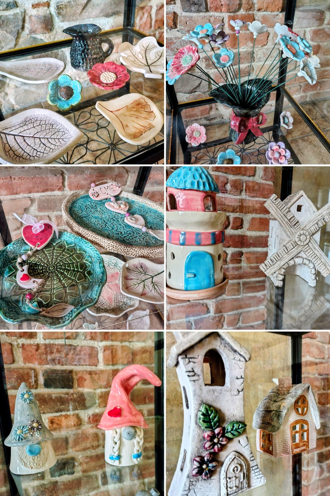 Prace ceramiczne Agaty Marczakiewicz — figurki, kwiaty, domki